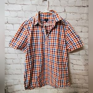 J Crew Mens Tunic Gingham Plaid Pop Over Short Sleeve Shirt Large Preppy Surf